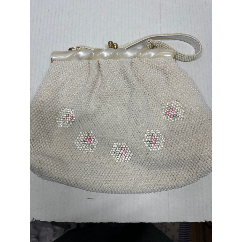 Vintage Beaded Handbag Satchel Purse White w/ Pink Roses Ball Clasp Closure